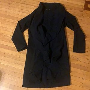 Long navy blue wrap coat with ruffle front. unlined thick material, feels dressy